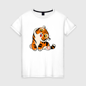 Женская футболка хлопок с принтом Смешной тигренок в Екатеринбурге, 100% хлопок | прямой крой, круглый вырез горловины, длина до линии бедер, слегка спущенное плечо | 2022 | год тигра | новый год | новый год 2022 | символ года | тигр | тигренок | тигрица | тигры