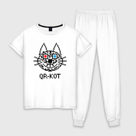 Женская пижама хлопок с принтом QR кот в стерео очках в Екатеринбурге, 100% хлопок | брюки и футболка прямого кроя, без карманов, на брюках мягкая резинка на поясе и по низу штанин | 3d | head | kitten | kote | pixels | qr cat | qr code | qr код | qr кот | watching a movie | голова | котенок | котэ | кошка | пиксели | смотрит кино | стерео очки