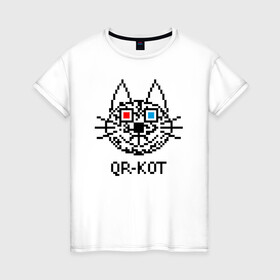 Женская футболка хлопок с принтом QR кот в стерео очках. в Екатеринбурге, 100% хлопок | прямой крой, круглый вырез горловины, длина до линии бедер, слегка спущенное плечо | 3d | head | kitten | kote | pixels | qr cat | qr code | qr код | qr кот | watching a movie | голова | котенок | котэ | кошка | пиксели | смотрит кино | стерео очки