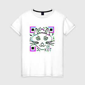 Женская футболка хлопок с принтом QR-Кот 3D в Екатеринбурге, 100% хлопок | прямой крой, круглый вырез горловины, длина до линии бедер, слегка спущенное плечо | 3d | 3д | qr код | qr кот | ковид | кот | кошка | кьюар код | кьюард кот | мемы qr | мемы кот | прикол