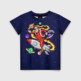 Детская футболка 3D с принтом Санта Клаус на ракете   Santa on a rocket ship в Екатеринбурге, 100% гипоаллергенный полиэфир | прямой крой, круглый вырез горловины, длина до линии бедер, чуть спущенное плечо, ткань немного тянется | christmas | santa | space | дед мороз | космос | новый год | планета | ракета | рождество | санта