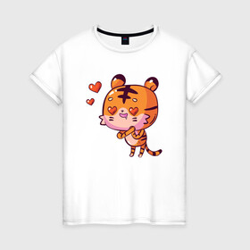Женская футболка хлопок с принтом влюбленный тигренок LOVE в Екатеринбурге, 100% хлопок | прямой крой, круглый вырез горловины, длина до линии бедер, слегка спущенное плечо | 2022 | год тигра | новый год | новый год 2022 | символ года | тигр | тигренок | тигрица | тигры
