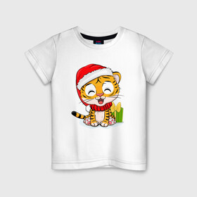 Детская футболка хлопок с принтом Тигренок с новогодними подарками New year в Екатеринбурге, 100% хлопок | круглый вырез горловины, полуприлегающий силуэт, длина до линии бедер | 2022 | год тигра | новый год | новый год 2022 | символ года | тигр | тигренок | тигрица | тигры