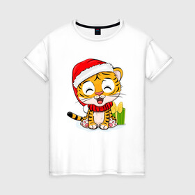 Женская футболка хлопок с принтом Тигренок с новогодними подарками New year в Екатеринбурге, 100% хлопок | прямой крой, круглый вырез горловины, длина до линии бедер, слегка спущенное плечо | 2022 | год тигра | новый год | новый год 2022 | символ года | тигр | тигренок | тигрица | тигры