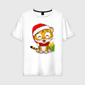 Женская футболка хлопок Oversize с принтом Тигренок с новогодними подарками New year в Екатеринбурге, 100% хлопок | свободный крой, круглый ворот, спущенный рукав, длина до линии бедер
 | Тематика изображения на принте: 2022 | год тигра | новый год | новый год 2022 | символ года | тигр | тигренок | тигрица | тигры
