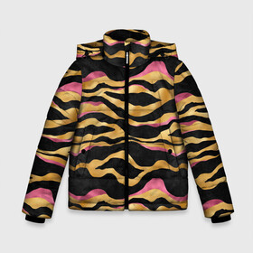 Зимняя куртка для мальчиков 3D с принтом тигровый окрас Gold Pink в Екатеринбурге, ткань верха — 100% полиэстер; подклад — 100% полиэстер, утеплитель — 100% полиэстер | длина ниже бедра, удлиненная спинка, воротник стойка и отстегивающийся капюшон. Есть боковые карманы с листочкой на кнопках, утяжки по низу изделия и внутренний карман на молнии. 

Предусмотрены светоотражающий принт на спинке, радужный светоотражающий элемент на пуллере молнии и на резинке для утяжки | 2022 | год тигра | новый год | новый год 2022 | символ года | тигр | тигренок | тигрица | тигры