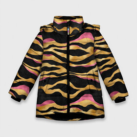 Зимняя куртка для девочек 3D с принтом тигровый окрас Gold Pink в Екатеринбурге, ткань верха — 100% полиэстер; подклад — 100% полиэстер, утеплитель — 100% полиэстер. | длина ниже бедра, удлиненная спинка, воротник стойка и отстегивающийся капюшон. Есть боковые карманы с листочкой на кнопках, утяжки по низу изделия и внутренний карман на молнии. 

Предусмотрены светоотражающий принт на спинке, радужный светоотражающий элемент на пуллере молнии и на резинке для утяжки. | 2022 | год тигра | новый год | новый год 2022 | символ года | тигр | тигренок | тигрица | тигры