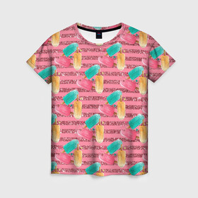 Женская футболка 3D с принтом Сладкое мороженое с блестками в Екатеринбурге, 100% полиэфир ( синтетическое хлопкоподобное полотно) | прямой крой, круглый вырез горловины, длина до линии бедер | блестки | блестяшки | десерт | мороженое | сладкий | сладость
