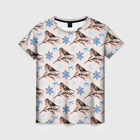 Женская футболка 3D с принтом Снегири зима в Екатеринбурге, 100% полиэфир ( синтетическое хлопкоподобное полотно) | прямой крой, круглый вырез горловины, длина до линии бедер | зима | зимняя птица | новый год | ноговодняя | птица | птичка | снегирь | холод