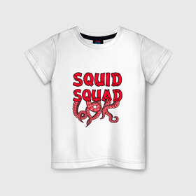 Детская футболка хлопок с принтом Squid Squad в Екатеринбурге, 100% хлопок | круглый вырез горловины, полуприлегающий силуэт, длина до линии бедер | Тематика изображения на принте: 001 | 067 | 101 | 199 | 212 | 456 | game | korea | mask | netflix | ojingeo geim | squid game | деньги | игра | игра в кальмара | кальмар | кино | кореец | корея | криминал | кровь | маска | нетфликс | сериал | триллер