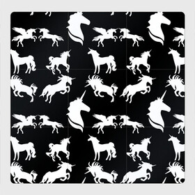 Магнитный плакат 3Х3 с принтом Белые единороги на черном фоне в Екатеринбурге, Полимерный материал с магнитным слоем | 9 деталей размером 9*9 см | единорог | животные | звери | узор | чернобелый