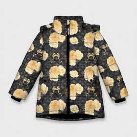 Зимняя куртка для девочек 3D с принтом Желтые цветы на черном фоне в Екатеринбурге, ткань верха — 100% полиэстер; подклад — 100% полиэстер, утеплитель — 100% полиэстер. | длина ниже бедра, удлиненная спинка, воротник стойка и отстегивающийся капюшон. Есть боковые карманы с листочкой на кнопках, утяжки по низу изделия и внутренний карман на молнии. 

Предусмотрены светоотражающий принт на спинке, радужный светоотражающий элемент на пуллере молнии и на резинке для утяжки. | желтые цветы | золотые цветы | паттерн | цветочки | цветы