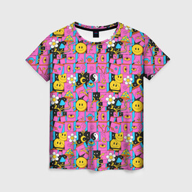 Женская футболка 3D с принтом Психоделика. Инь-Янь в Екатеринбурге, 100% полиэфир ( синтетическое хлопкоподобное полотно) | прямой крой, круглый вырез горловины, длина до линии бедер | грибы | инь янь | паттерн | психоделика | смайлы | эзотерика