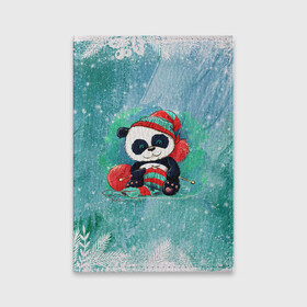 Обложка для паспорта матовая кожа с принтом Панда вяжет в Екатеринбурге, натуральная матовая кожа | размер 19,3 х 13,7 см; прозрачные пластиковые крепления | new year | арт | вязание | графика | зима | новый год | панда | рождество