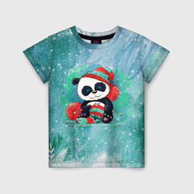 Детская футболка 3D с принтом Панда вяжет в Екатеринбурге, 100% гипоаллергенный полиэфир | прямой крой, круглый вырез горловины, длина до линии бедер, чуть спущенное плечо, ткань немного тянется | new year | арт | вязание | графика | зима | новый год | панда | рождество