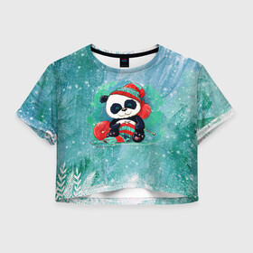 Женская футболка Crop-top 3D с принтом Панда вяжет в Екатеринбурге, 100% полиэстер | круглая горловина, длина футболки до линии талии, рукава с отворотами | new year | арт | вязание | графика | зима | новый год | панда | рождество
