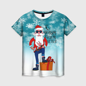 Женская футболка 3D с принтом Hipster Santa 2022 в Екатеринбурге, 100% полиэфир ( синтетическое хлопкоподобное полотно) | прямой крой, круглый вырез горловины, длина до линии бедер | 2022 | ded moroz | rock | santa | борода | дед мороз | нг | новый год | подарок | рок | санта | тату | хипстер