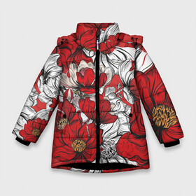 Зимняя куртка для девочек 3D с принтом Цветы на алом фоне в Екатеринбурге, ткань верха — 100% полиэстер; подклад — 100% полиэстер, утеплитель — 100% полиэстер. | длина ниже бедра, удлиненная спинка, воротник стойка и отстегивающийся капюшон. Есть боковые карманы с листочкой на кнопках, утяжки по низу изделия и внутренний карман на молнии. 

Предусмотрены светоотражающий принт на спинке, радужный светоотражающий элемент на пуллере молнии и на резинке для утяжки. | алый | графика | маки | настроение | нежное | цветы