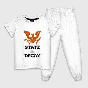 Детская пижама хлопок с принтом State of Decay | Эмблема | Лого в Екатеринбурге, 100% хлопок |  брюки и футболка прямого кроя, без карманов, на брюках мягкая резинка на поясе и по низу штанин
 | Тематика изображения на принте: logo | state of decay | survival horror | undead labs | загнивающий штат | зомби апокалипсис | лого | логотип | стадия разложения | стейт оф декай | эмблема