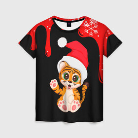 Женская футболка 3D с принтом НОВЫЙ ГОД ТИГР СНЕЖИНКИ 2022 в Екатеринбурге, 100% полиэфир ( синтетическое хлопкоподобное полотно) | прямой крой, круглый вырез горловины, длина до линии бедер | 2022 | merry christmas | год тигра | нг | новогодний тигр | новогодняя символика | новый год | рождество | символ 2022 года | снежинки | тигр