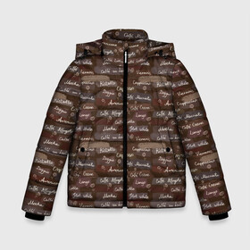 Зимняя куртка для мальчиков 3D с принтом Кофе - Разные Напитки в Екатеринбурге, ткань верха — 100% полиэстер; подклад — 100% полиэстер, утеплитель — 100% полиэстер | длина ниже бедра, удлиненная спинка, воротник стойка и отстегивающийся капюшон. Есть боковые карманы с листочкой на кнопках, утяжки по низу изделия и внутренний карман на молнии. 

Предусмотрены светоотражающий принт на спинке, радужный светоотражающий элемент на пуллере молнии и на резинке для утяжки | Тематика изображения на принте: americano | chocolate | coffee | espresso | latte | moccacino | mocha | nescafe | tea | американо | арабика | бариста | бармен | капучино | кофе | кофевар | кофейник | кофейные зерна | кофейня | кружка кофе | латте | макиато | моккачино