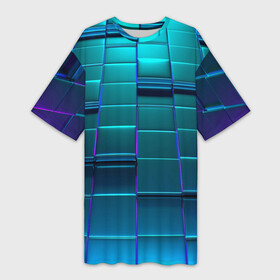 Платье-футболка 3D с принтом 3D квадраты неоновые в Екатеринбурге,  |  | 3d | 3d плиты | 3д | в поте | в тренде | квадраты | неон | неоновый | новинка | плины | синий