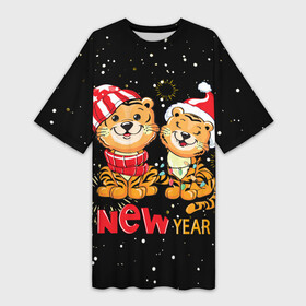 Платье-футболка 3D с принтом МИИЛЫЕ ТИГРЯТА СИМВОЛ ГОДА 2022 в Екатеринбурге,  |  | 2021 | 2022 | christmas | merry | merry christmas | new year | snow | sweater | ugly christmas | winter | зима | новогодний | новогодняя | новый год | рождественский | рождественский свитер | рождество | свитер | символ года | снег | тигр |