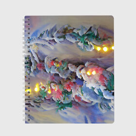 Тетрадь с принтом Уютное новогоднее настроение в Екатеринбурге, 100% бумага | 48 листов, плотность листов — 60 г/м2, плотность картонной обложки — 250 г/м2. Листы скреплены сбоку удобной пружинной спиралью. Уголки страниц и обложки скругленные. Цвет линий — светло-серый
 | Тематика изображения на принте: гирлянда | дед мороз | зима | новый год | огни | подарки | праздник | рождество | снегурочка | тренд