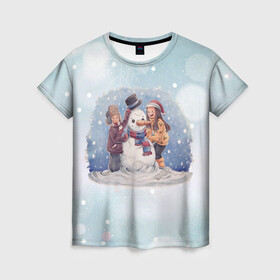 Женская футболка 3D с принтом !Снеговик! в Екатеринбурге, 100% полиэфир ( синтетическое хлопкоподобное полотно) | прямой крой, круглый вырез горловины, длина до линии бедер | new year | арт | графика | дети | зима | новый год | рождество | снеговик