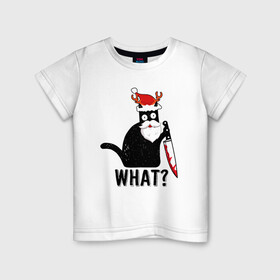 Детская футболка хлопок с принтом НОВОГОДНИЙ WHAT CAT в Екатеринбурге, 100% хлопок | круглый вырез горловины, полуприлегающий силуэт, длина до линии бедер | 2022 | cat | cats | christmas | cold | garland | klaus | mem | meme | memes | merry | new | santa | snow | what | winter | year | герлянды | гирлянда | год | зима | клаус | кот | котейка | котенок | котик | котэ | кошка | мем | мемы | мороз