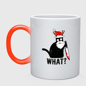 Кружка хамелеон с принтом НОВОГОДНИЙ WHAT CAT в Екатеринбурге, керамика | меняет цвет при нагревании, емкость 330 мл | Тематика изображения на принте: 2022 | cat | cats | christmas | cold | garland | klaus | mem | meme | memes | merry | new | santa | snow | what | winter | year | герлянды | гирлянда | год | зима | клаус | кот | котейка | котенок | котик | котэ | кошка | мем | мемы | мороз