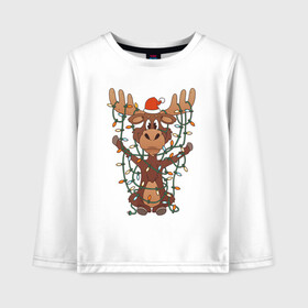 Детский лонгслив хлопок с принтом НОВОГОДНИЙ ОЛЕНЬ CHRISTMAS DEER в Екатеринбурге, 100% хлопок | круглый вырез горловины, полуприлегающий силуэт, длина до линии бедер | 2022 | christmas | cold | deer | klaus | mem | meme | memes | merry | new | santa | snow | what | winter | year | гирлянды | год | зима | клаус | мем | мемы | мороз | новый | олень | рождество | санта | снег | холод | что