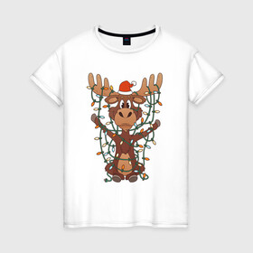 Женская футболка хлопок с принтом НОВОГОДНИЙ ОЛЕНЬ CHRISTMAS DEER в Екатеринбурге, 100% хлопок | прямой крой, круглый вырез горловины, длина до линии бедер, слегка спущенное плечо | 2022 | christmas | cold | deer | klaus | mem | meme | memes | merry | new | santa | snow | what | winter | year | гирлянды | год | зима | клаус | мем | мемы | мороз | новый | олень | рождество | санта | снег | холод | что