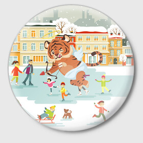 Значок с принтом Амур тигренок Новый год в Екатеринбурге,  металл | круглая форма, металлическая застежка в виде булавки | 2022 | год тигра | новый год | новый год 2022 | символ года | тигр | тигренок | тигрица | тигры