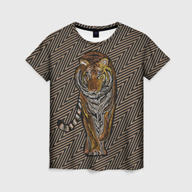 Женская футболка 3D с принтом Благородный тигр в Екатеринбурге, 100% полиэфир ( синтетическое хлопкоподобное полотно) | прямой крой, круглый вырез горловины, длина до линии бедер | благородный | грация | животное | символ года | тигр | хищник