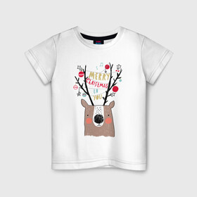 Детская футболка хлопок с принтом Рогатый О в Екатеринбурге, 100% хлопок | круглый вырез горловины, полуприлегающий силуэт, длина до линии бедер | голова | новый год | олень | рога | рождество