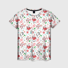 Женская футболка 3D с принтом Паттерн New yaer в Екатеринбурге, 100% полиэфир ( синтетическое хлопкоподобное полотно) | прямой крой, круглый вырез горловины, длина до линии бедер | new year | арт | графика | дед мороз | зима | новый год | рождество | санта