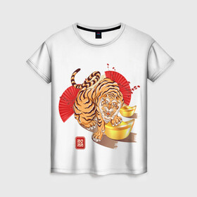 Женская футболка 3D с принтом Золотой тигр 2022 Tigr в Екатеринбурге, 100% полиэфир ( синтетическое хлопкоподобное полотно) | прямой крой, круглый вырез горловины, длина до линии бедер | 2022 | new year | tiger | water tiger | водяной тигр | символ года