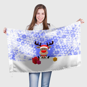 Флаг 3D с принтом Олень окруженный подарками в Екатеринбурге, 100% полиэстер | плотность ткани — 95 г/м2, размер — 67 х 109 см. Принт наносится с одной стороны | 2021 | 2022 | happy new year 2022 | дед мороз | новый год | новый год 2022 | олень | олень  с подарками | санта | снежинки