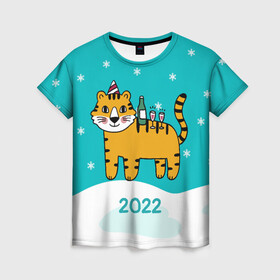 Женская футболка 3D с принтом Новогодний стол - тигр в Екатеринбурге, 100% полиэфир ( синтетическое хлопкоподобное полотно) | прямой крой, круглый вырез горловины, длина до линии бедер | 2022 | год тигра | новый год | новый год 2022 | символ года | тигр | тигренок | тигрица | тигры