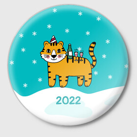 Значок с принтом Новогодний стол - тигр в Екатеринбурге,  металл | круглая форма, металлическая застежка в виде булавки | 2022 | год тигра | новый год | новый год 2022 | символ года | тигр | тигренок | тигрица | тигры