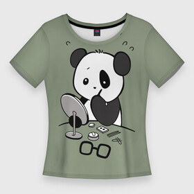 Женская футболка 3D Slim с принтом Панда красит глаза в Екатеринбурге,  |  | bear | eyes | in front of the mirror | paints | panda | глаза | красит | медведь | панда | перед зеркалом