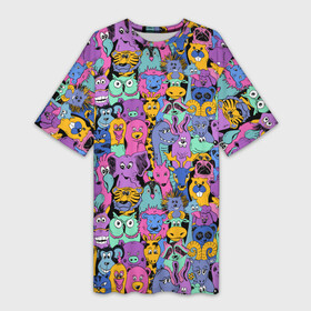 Платье-футболка 3D с принтом Разные Мультяшные Животные в Екатеринбурге,  |  | animals | safari | zoo | детские | дикая природа | животные | жираф | звери | зверюшки | зебра | зоопарк | лев | мультики | сафари | слон
