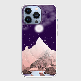 Чехол для iPhone 13 Pro с принтом Зимнее лунное небо в горах со снегопадом в Екатеринбурге,  |  | горный | горный массив | горный пейзаж | горы | горы в лунную ночь | горы под луной | зима в горах | зима и горы | зимний | зимняя ночь в горах | зимняя сказка | луна | розовые горы под