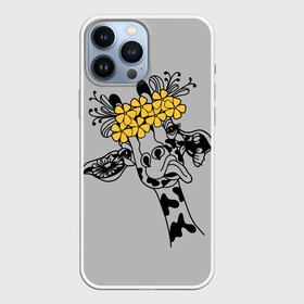 Чехол для iPhone 13 Pro Max с принтом Жираф показывает язык в Екатеринбурге,  |  | african | funny | giraffe | on the head | shows tongue | wreath | yellow flowers | африканский | венок | весёлый | жёлтые цветы | жираф | на голове | показывает | язык