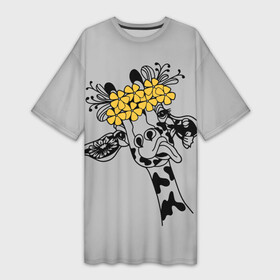 Платье-футболка 3D с принтом Жираф показывает язык в Екатеринбурге,  |  | Тематика изображения на принте: african | funny | giraffe | on the head | shows tongue | wreath | yellow flowers | африканский | венок | весёлый | жёлтые цветы | жираф | на голове | показывает | язык