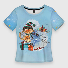 Женская футболка 3D Slim с принтом Акварельный КотэКлаус в Екатеринбурге,  |  | Тематика изображения на принте: new year | арт | графика | зима | котэ | новый год | рождество | санта