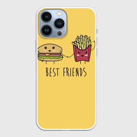 Чехол для iPhone 13 Pro Max с принтом Hamburger and fries are best friends в Екатеринбурге,  |  | Тематика изображения на принте: cartoon characters | holding hands | гамбургер | держаться за руки | картошка фри | лучшие друзья | мультяшные герои