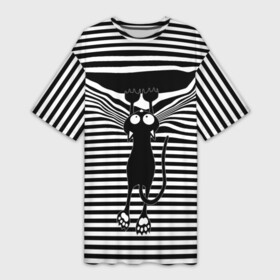 Платье-футболка 3D с принтом Кот рвет тельняшку в Екатеринбурге,  |  | cat | hung | mad cat | stripes | tears | vest | бешеный кот | кошка | повис | полосы | рвет | тельняшка