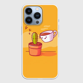 Чехол для iPhone 13 Pro с принтом Кактус и кружка с кофе в Екатеринбурге,  |  | a cactus | a drawing | a mug | a plant | a yellow background | cactus and a mug with coffee | желтый фон | кактус | кактус и кружка с кофе | кактусик | кружка | растение | расток | рисунок | рисуночек